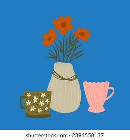 evening romantic date in a cute style. coffee break. kitchen poster with cups and vase