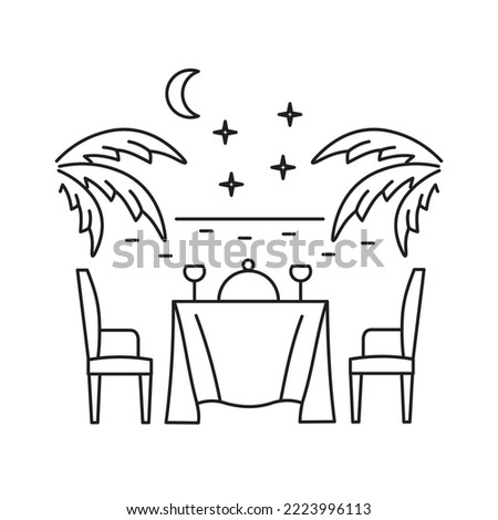 Evening romantic dinner for two against the backdrop of the ocean and palm trees. Rest and vacation. Linear icon on a white background.