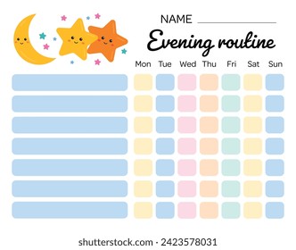 Evening routine chore for kids. My tasks and responsibilities. Daily routine tracker for children. Daily regime. My chore chart. Evening checklist for kids, discipline, motivation.