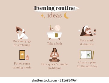 Evening routine ideas. Self care checklist. Vector