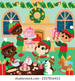 Evening scene inside the house of Santa Claus. Cute little elves are cooking by the fireplace. They prepared festive pancakes, pies and puddings and a cake. Festive illustration in cartoon style.