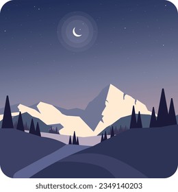 Evening Scene of a Mountain Landscape in a Winter Season, Flat Vector Drawing Design