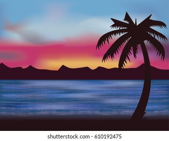 Evening sea banner, vector illustration