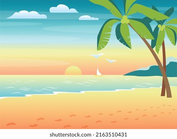 Evening sea beach on the ocean, sunset on the water, palm trees and mountains, in the sunny dawn. Sea summer landscape.