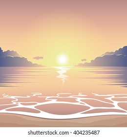 Evening sea beach at sunset with waves and clouds, vector summer background, summer illustration, summer beach