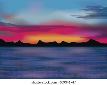 Evening sea wallpaper, vector illustration