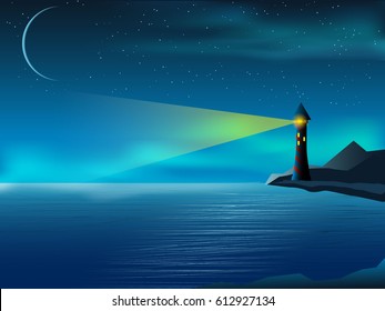 Evening seascape landscape with lighthouse