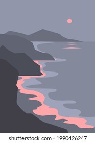 evening seascape, rocky coastline shore and pink sunset vector print ilustration