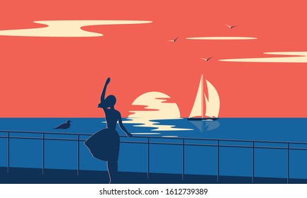 Evening seascape with sailboat. Girl by the sea at sunset.
