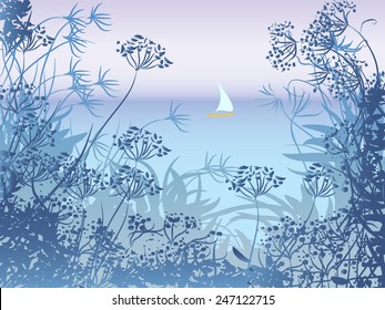 Evening seascape with sailboat and herbs