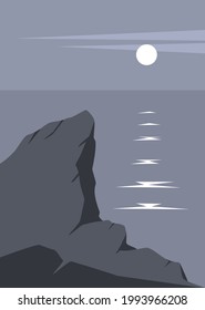 evening seascape vector illustration, rocky coastline shore and sunset print