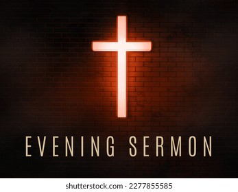 Evening sermon background. Christian web banner with glowing neon cross