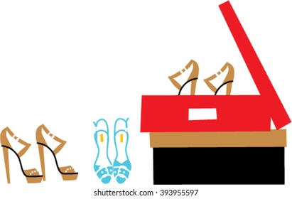 Evening shoes in boxes Vector  illustration. Woman high heel shoes. Female stilettos.