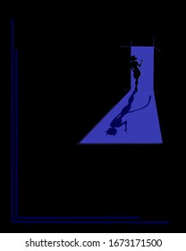 Evening silhouette of a girl in the doorway. Classic black background. 
