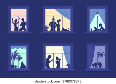 in evening, silhouettes of people are visible in light windows of the house: 
youth dancing, a married couple, a woman is sitting at a laptop, a grandmother is sad, a mother with a baby.