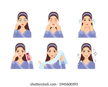 Evening Skin Care.The girl remove  makeup. A Beautiful Woman washes her Face with Water and soapy Foam. Lady uses Sponge and Cosmetic on Skin. Happy Clean Face. Flat color cartoon style. Vector.