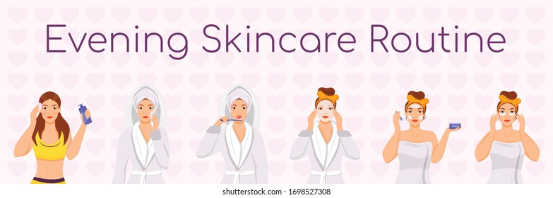 Evening skincare routine flat color vector characters set. Skin treatment steps. Face daily procedures isolated cartoon illustrations on white background. Girl cleansing face, applying sheet mask