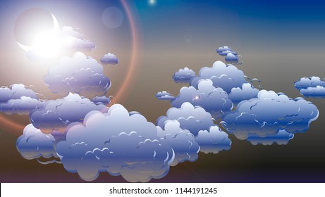 Evening sky background with growing moon and clouds. Moonlight night. Vector illustration.