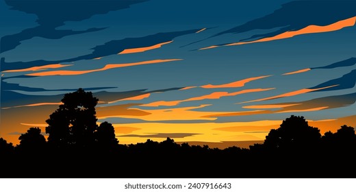 Evening sky background with silhouette of trees