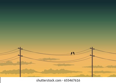 Evening sky background. Two birds on the pole.