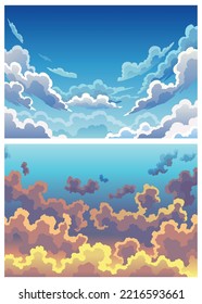 Evening sky clouds set. Realistic background in soft pastel pink and blue colors. Morning landscape with gradient colorful heaven skies. Sunset
