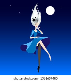 evening sky and flying girl with a cup of coffee