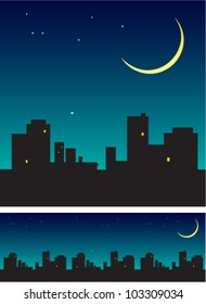 Evening sky with new moon over the roofs
