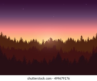 Evening sky over forest. Vector illustration.