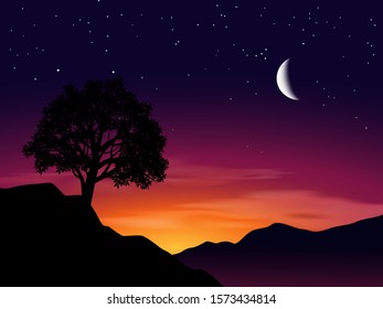 Evening sky with a tree silhouette, moon and stars