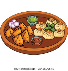 Evening Snack illustration, hand drawn, samosa, momo or dumpling, food illustration, digital art