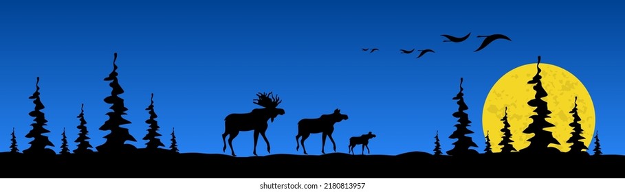 Evening spruce forest, moonrise, elk family, flock of birds, mountains in the distance