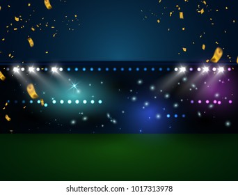 Evening stadium arena soccer field championship. celebration gold confetti