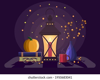 Evening still life. A lantern shines next to a cup of coffee. A vase of berries with books and glasses. Vector illustration.