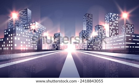 Evening straight road through the city. Shining office district at night cityscape.