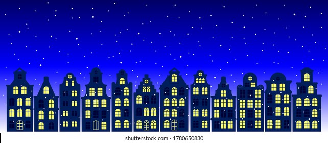 Evening street with European old houses, facades of historical buildings in the Dutch style and the first falling snow. Vector panorama for wallpaper, greeting card, banner, website, Christmas decor