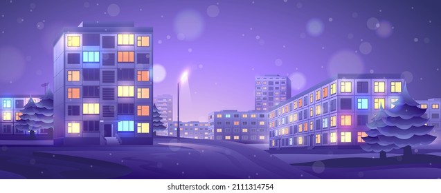 Evening street of residential area view. Winter cityscape on buildings in the Soviet constructivism style.