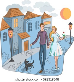 An evening stroll of lovers, vector illustration