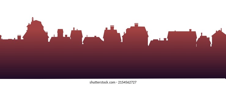 Evening suburban street silhouette. Isolated on white background. Horizontal seamless composition. Small city houses residential quarters. Cityscape with buildings. Housing Vector.