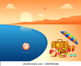 Evening summer background with beautiful beach view with travel bag, beach umbrella, beach ball, and floating tube.