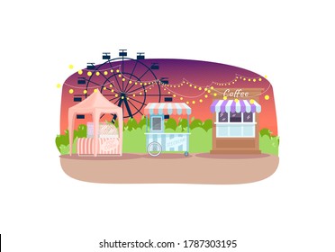 Evening summer fair semi flat vector illustration. Amusement park with attractions and vending stands. Pop corn, ice cream and coffee kiosks near ferris wheel 2D cartoon landscape for commercial use