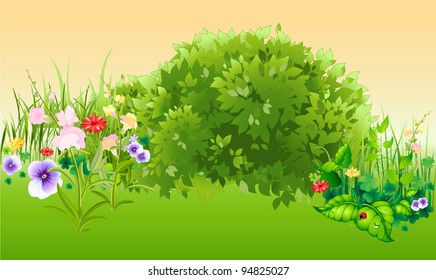 evening summer garden with tree,  flower and grass