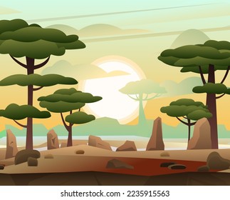 Evening sun on horizon. The end of hot day in desert. African acacia. Trees green foliage. Cartoon fun style. Flat design. Vector