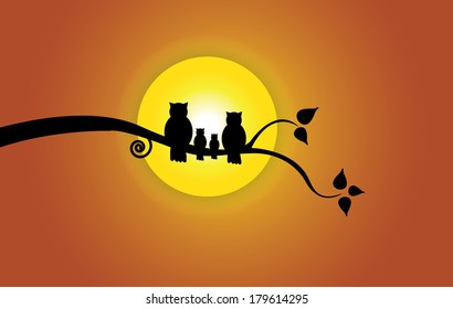 Evening sun, tree leaf & orange sky and owl family silhouette. Yellow morning sun with red orange gradient sky with family of owl sitting on a branch of a tree with leaves peace concept illustration