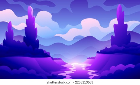 Acantilados paisajísticos de puesta de sol por la noche cerca de la ilustración horizontal del río.