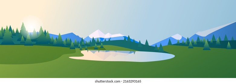 Evening sunset. Landscape with a field, lake, forest, mountains for photo wallpaper, for the site