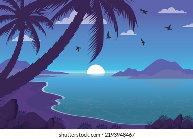 Atardecer De Noche - Ilustración Moderna De Paisaje Plano.