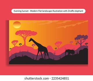 Evening Sunset - Modern Flat landscape illustration with Giraffe elephant