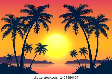 Evening sunset on a paradise beach. Beautiful beach with silhouettes of palm trees. A stunning picture for relaxation. Vector illustration of a palm tree against a colorful sunset background. 