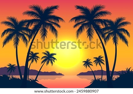 Evening sunset on a paradise beach. Beautiful beach with silhouettes of palm trees. A stunning picture for relaxation. Vector illustration of a palm tree against a colorful sunset background. 