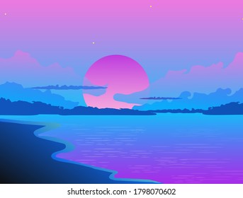 Evening sunset on sea beach landscape. Purple sun hiding behind dark blue clouds against backdrop of purple ocean tide waves tropical vacation on coast vector.